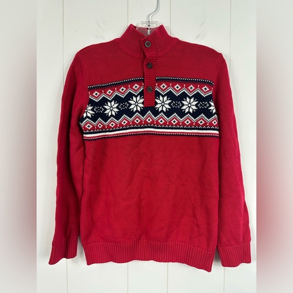 NWT THE CHILDRENS PLACE Sweater Boys XL 14 Red Fair Isle Mock Neck Long Sleeve - Picture 1 of 7